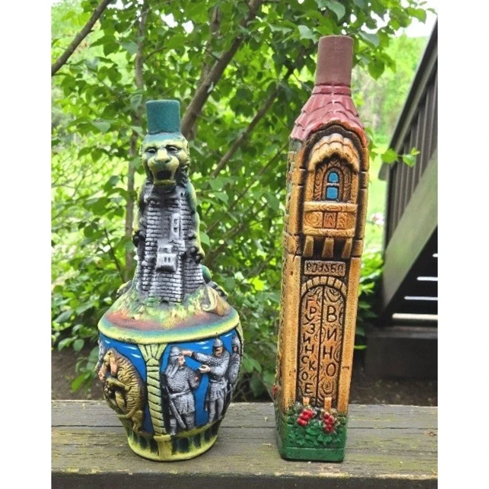 Vintage‎ USSR Georgian Ceramic Wine Bottle Pair Tower Lion Decanter
